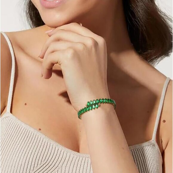 Gold Green Rhinestone Cuff Bracelet Cubic Zirconia Tennis Bracelets for Women - Picture 2 of 7